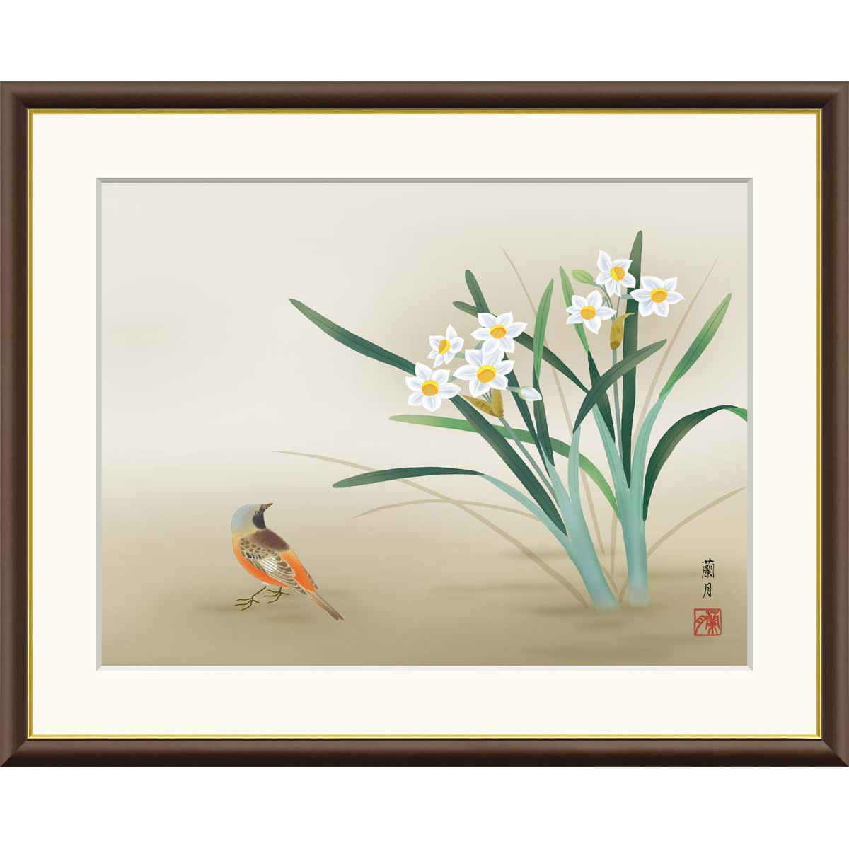 楽天市場】絵画 現代日本画 花鳥画 冬飾り 水仙に小鳥 吉井蘭月 額入り