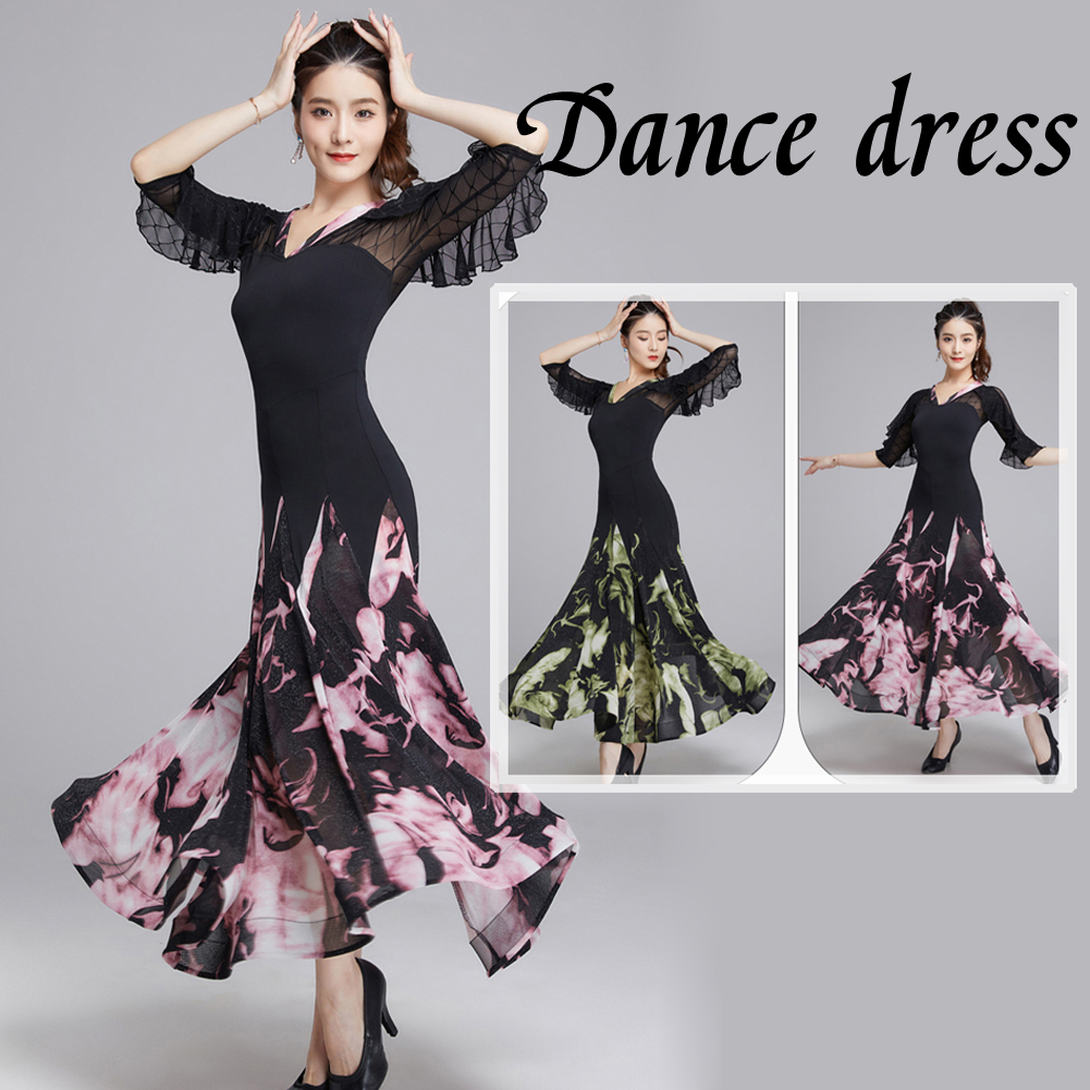 楽天市場】社交ダンスドレス 花柄 フリル袖 社交ダンス衣装 ワンピース