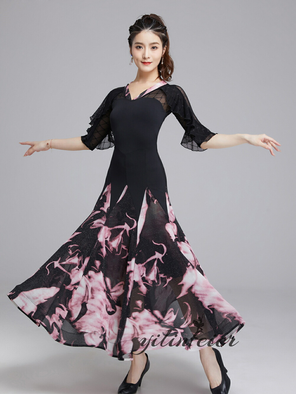 楽天市場】社交ダンスドレス 花柄 フリル袖 社交ダンス衣装 ワンピース