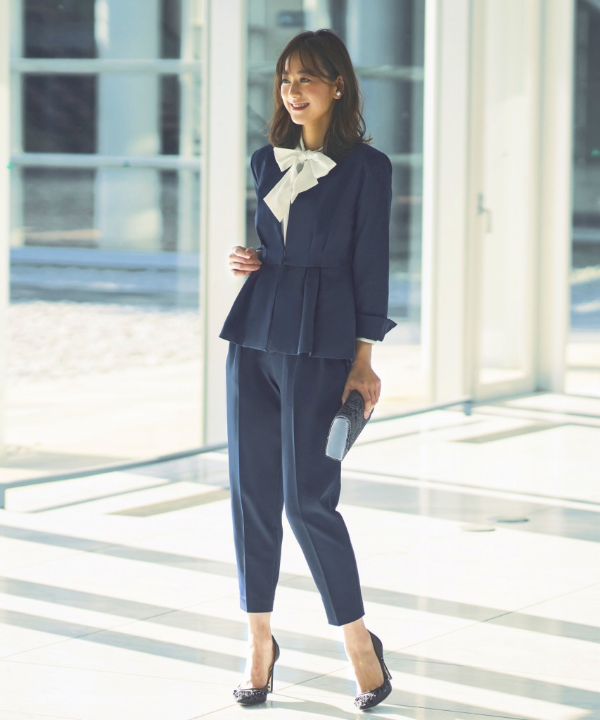 楽天市場】【S~5L】ノーカラーウエストタックペプラムパンツスーツ3点