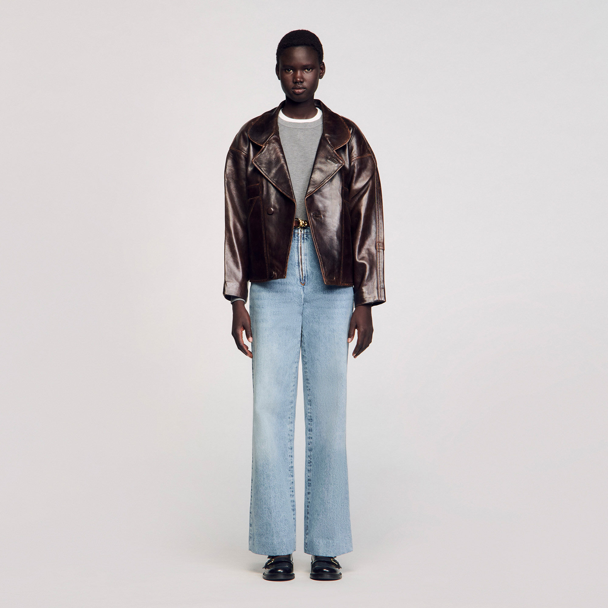 Oversized leather jacket in Brown for Women | Sandro Paris