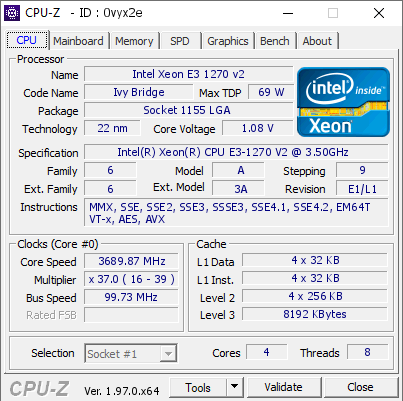 Intel Xeon E3 1270 v2 @ 3689.87 MHz - CPU-Z VALIDATOR