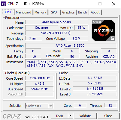 AMD Ryzen 5 5500 @ 4236.08 MHz - CPU-Z VALIDATOR