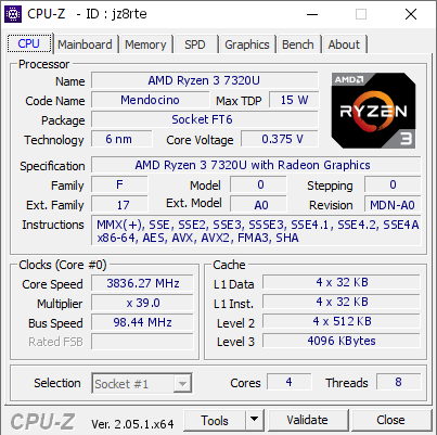 AMD Ryzen 3 7320U @ 3836.27 MHz - CPU-Z VALIDATOR