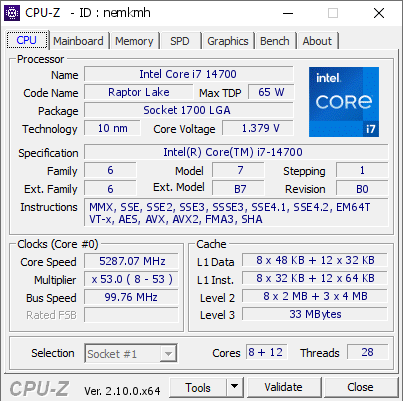 Intel Core i7 14700 @ 5287.07 MHz - CPU-Z VALIDATOR
