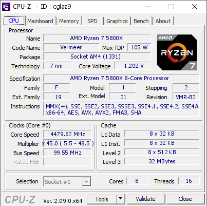 AMD Ryzen 7 5800X @ 4479.62 MHz - CPU-Z VALIDATOR