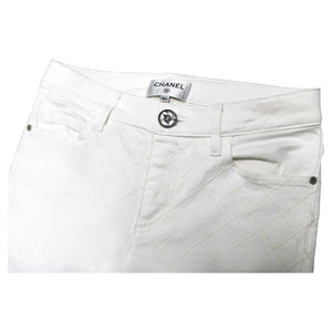 Chanel White Quilted Felt Denim High Rise Skinny Jeans With Zipper