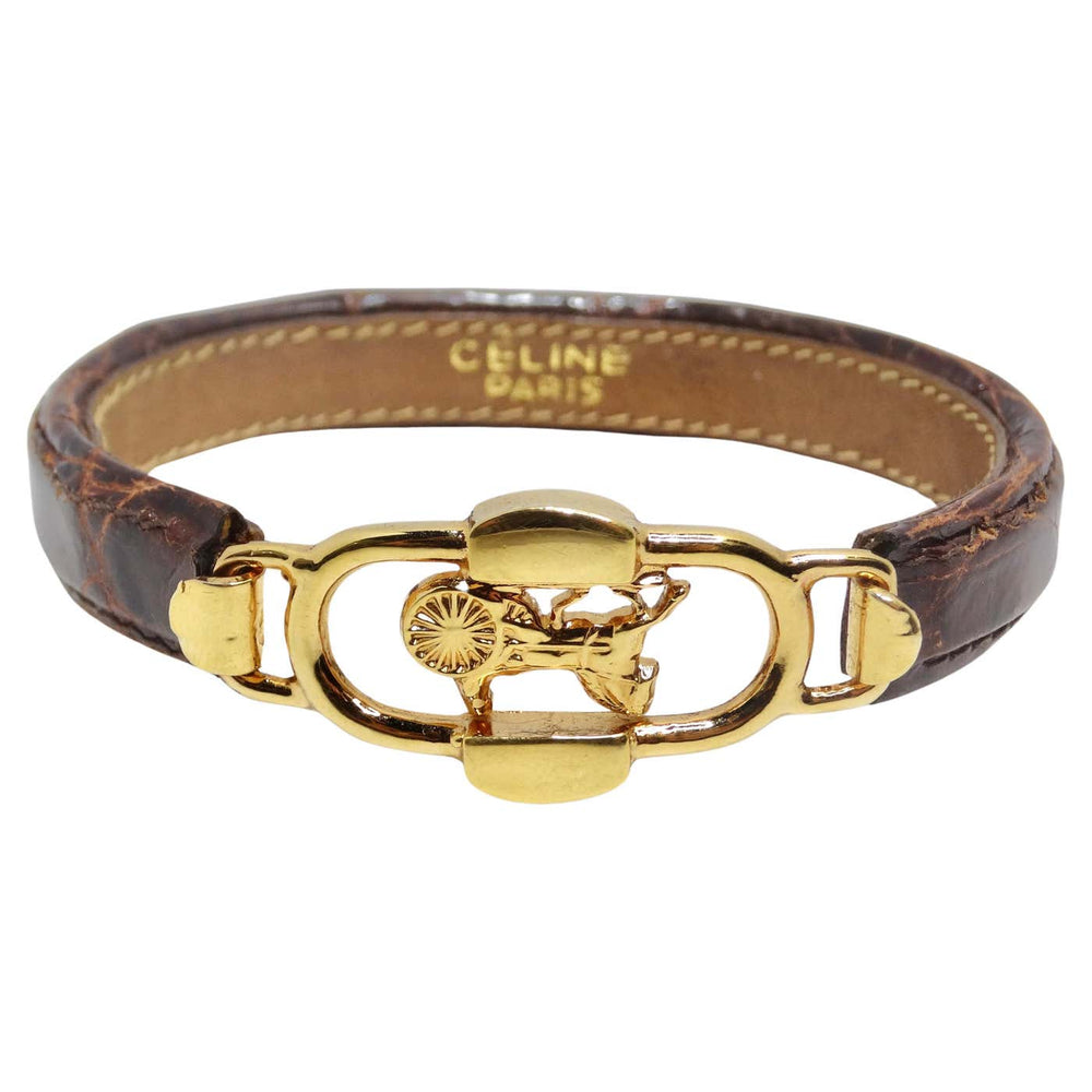 Celine 1990s Gold Tone Horse Emblem Leather Bracelet – Vintage by