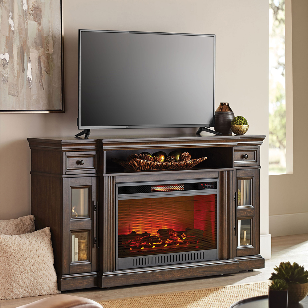 Manhattan 66in Medium Brown Fireplace Console | Whalen Furniture