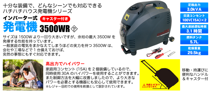 ハチハチハウス発電機シリーズ・1500WR(キャスター付き)｜ハチハチ