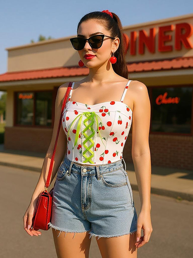 Y2K Spaghetti Strap Cute Cherry Print Lace Up Bustier Corset Crop
