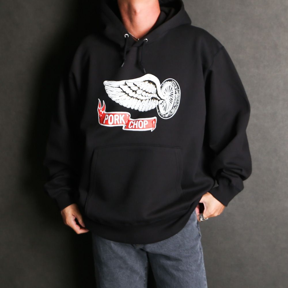MASSES - × PORKCHOP / SWEAT HOODED FLING WHEEL P - Black / プル