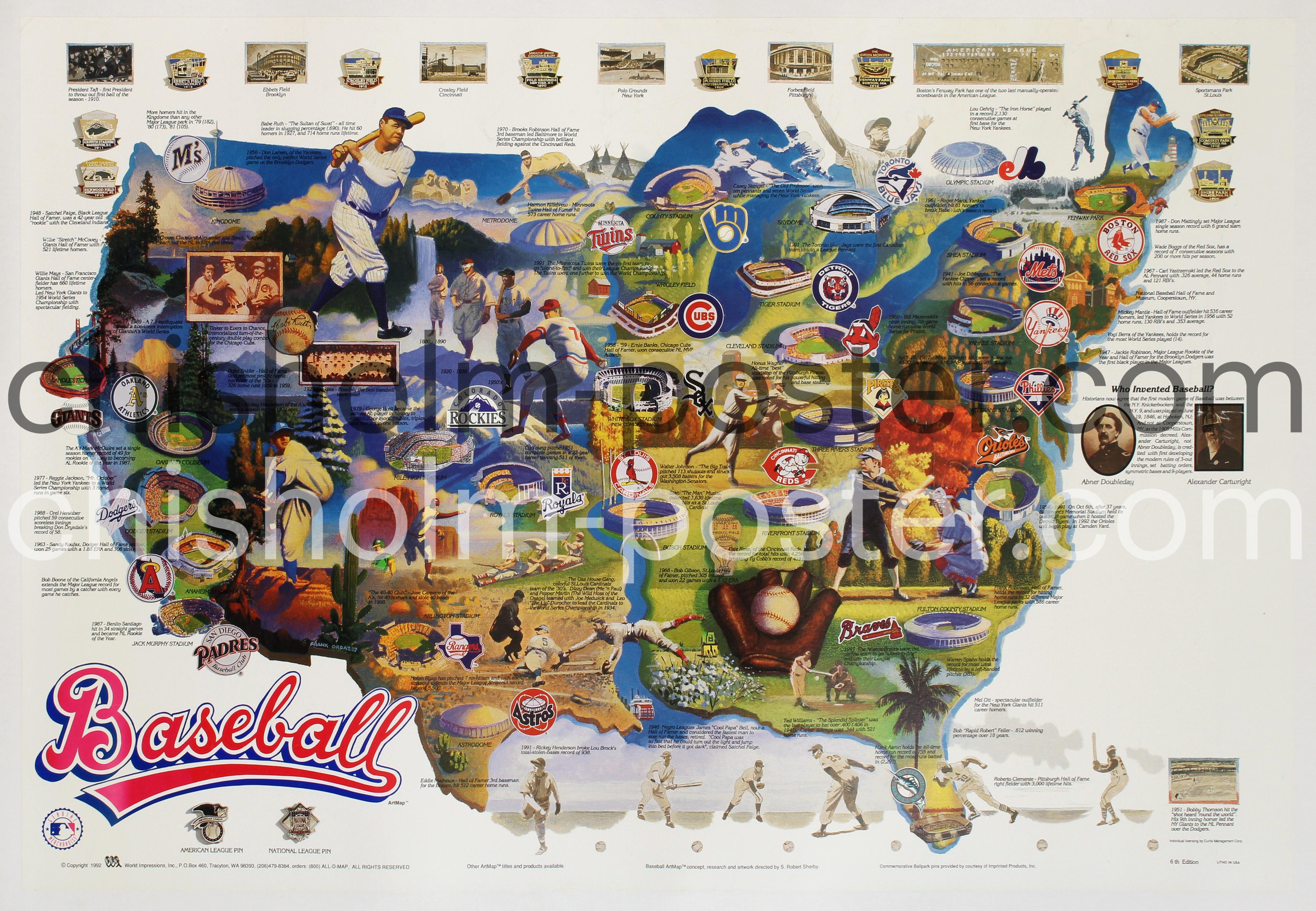 Baseball - Map of United States (Baseball Art Map) 1992 Edition