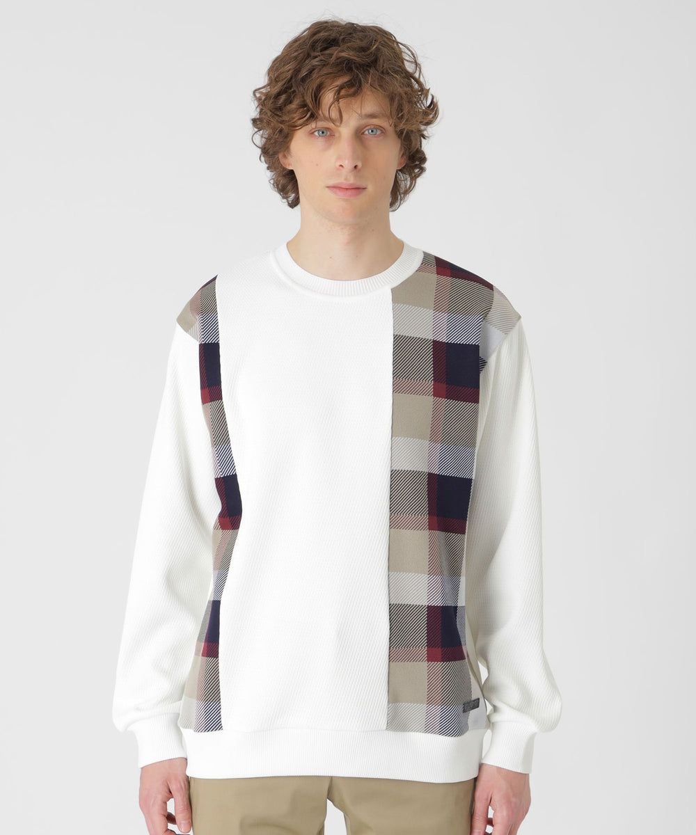 チェックニットドッキングスウェットシャツ（カットソー）｜BLACK