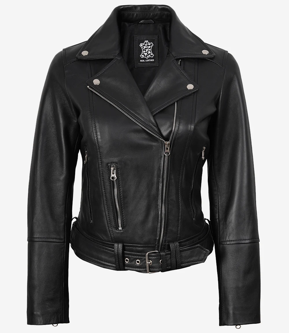 Women Black Asymmetrical Biker Leather Jacket