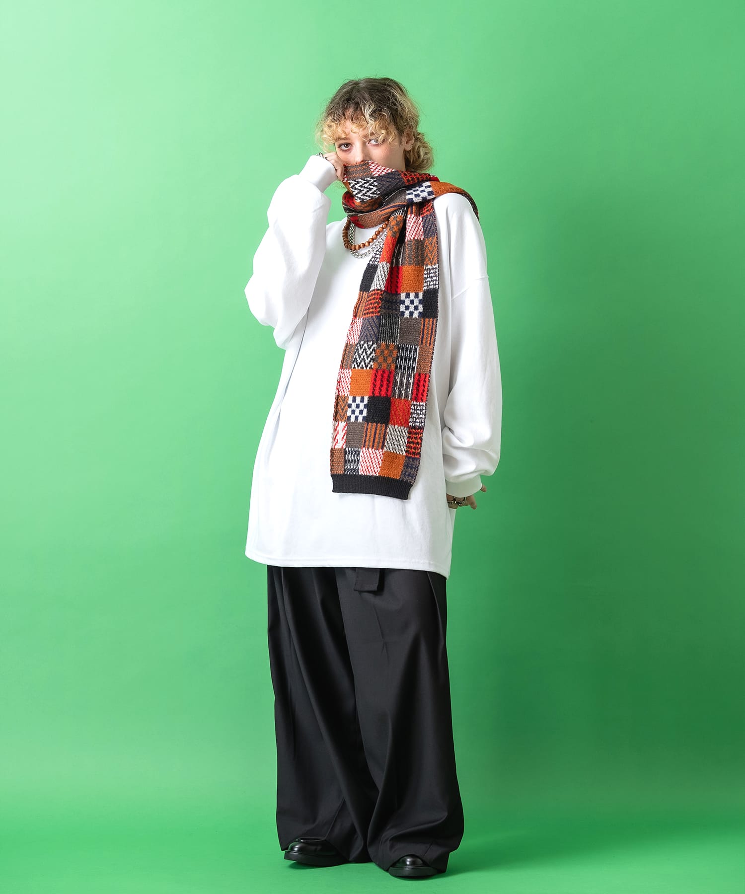 パッチワークライクミックスパターンニットマフラー / メンズ