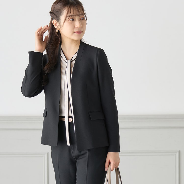 2wayストレッチ ノーカラージャケット 紺 セットアップ着用可【AOKI