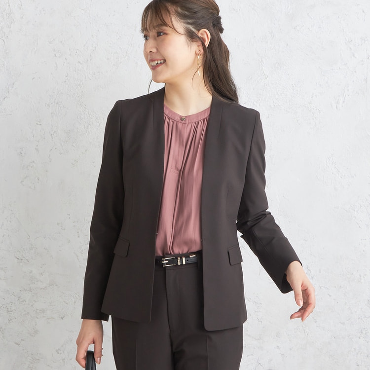 アウトレット】2wayストレッチノーカラージャケット 茶 セットアップ