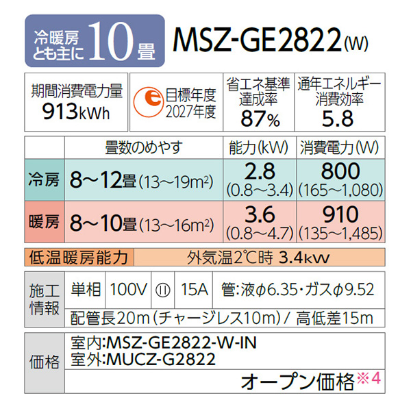 MSZ-GE2822-W 三菱電機 霧ヶ峰 ルームエアコン GEシリーズ 10畳用