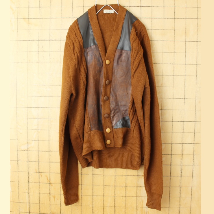 60s 70s USA スウェードレザー アクリルニット カーディガン ブラウン