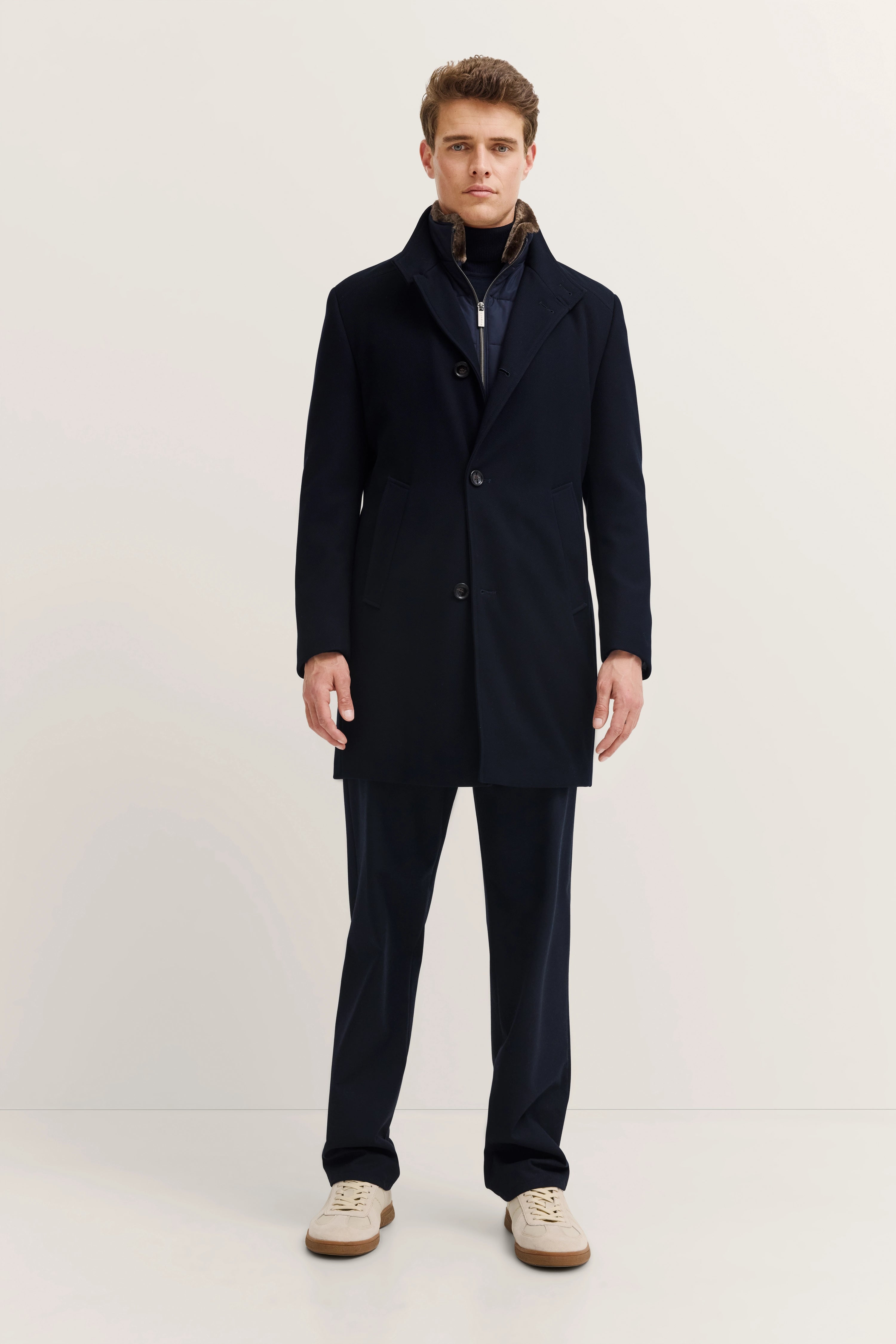 Coat with faux fur collar and stretch with removable vest in navy