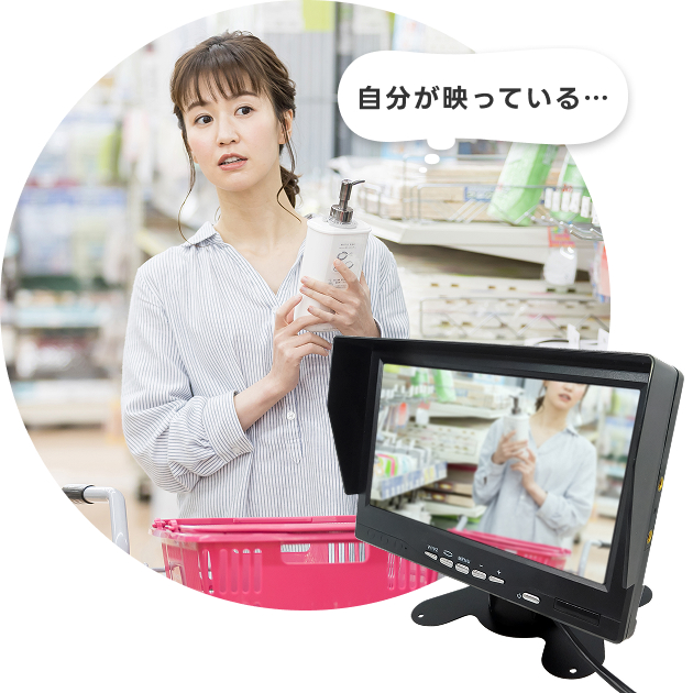 小型のカメラ・モニターセットで自分の行動を見せる防犯