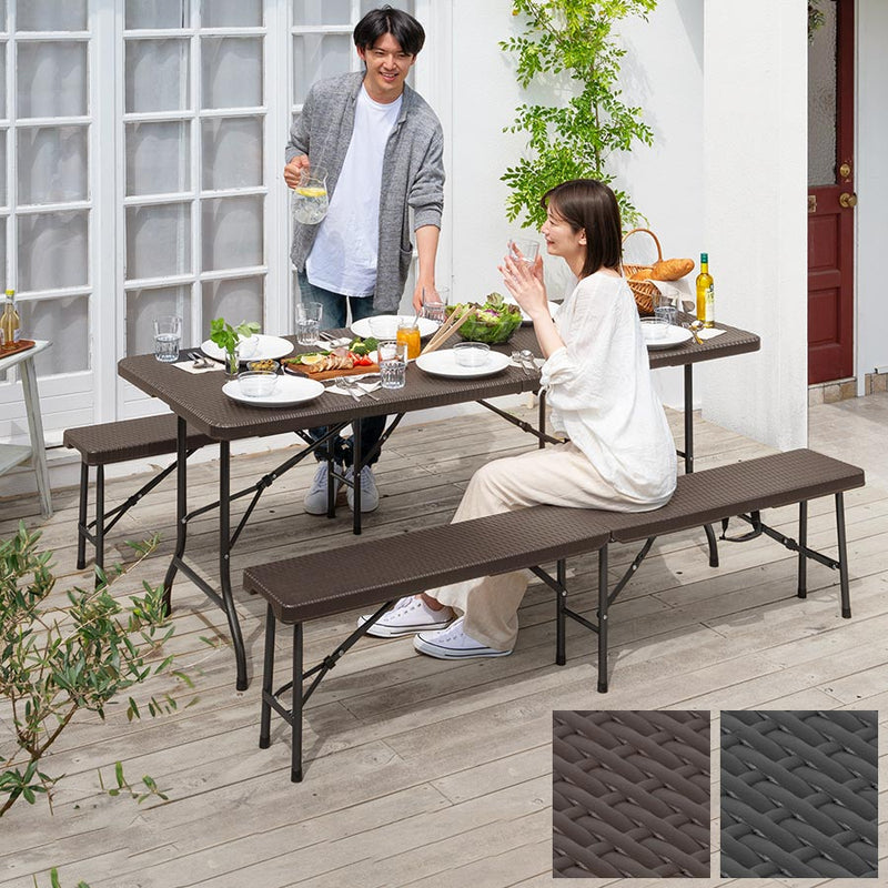 フォールディングテーブル＆ベンチ 3点セット ガーデンファニチャー