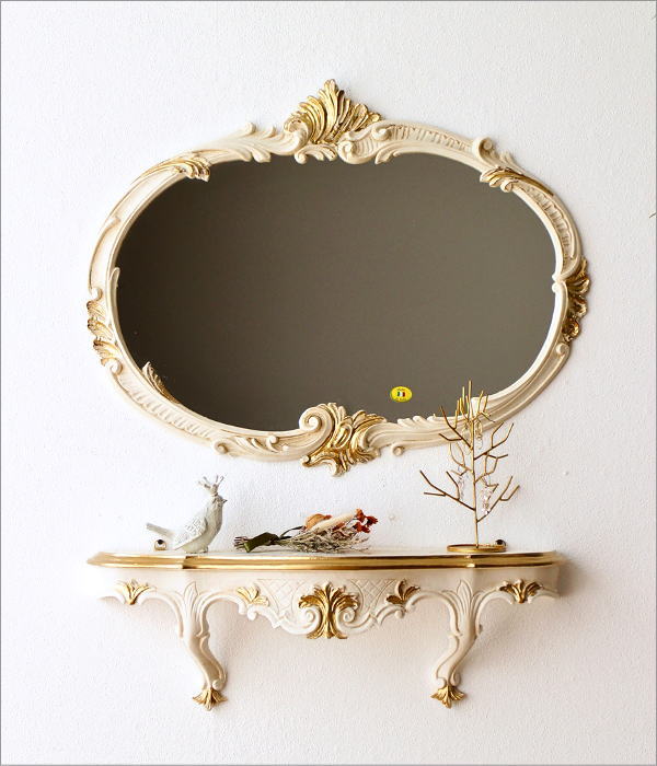 鏡 壁掛け 楕円 ウォールミラー アンティーク ホワイト ロココ調