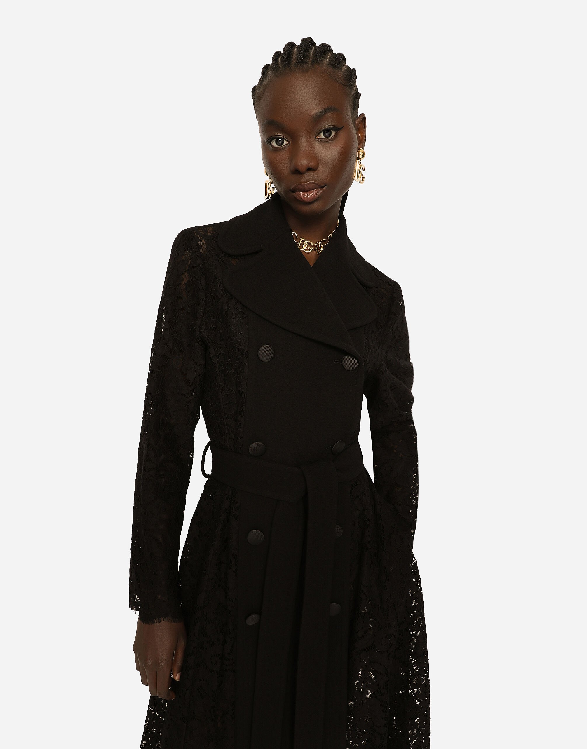 Belted double-breasted crepe and lace coat in Black for Women