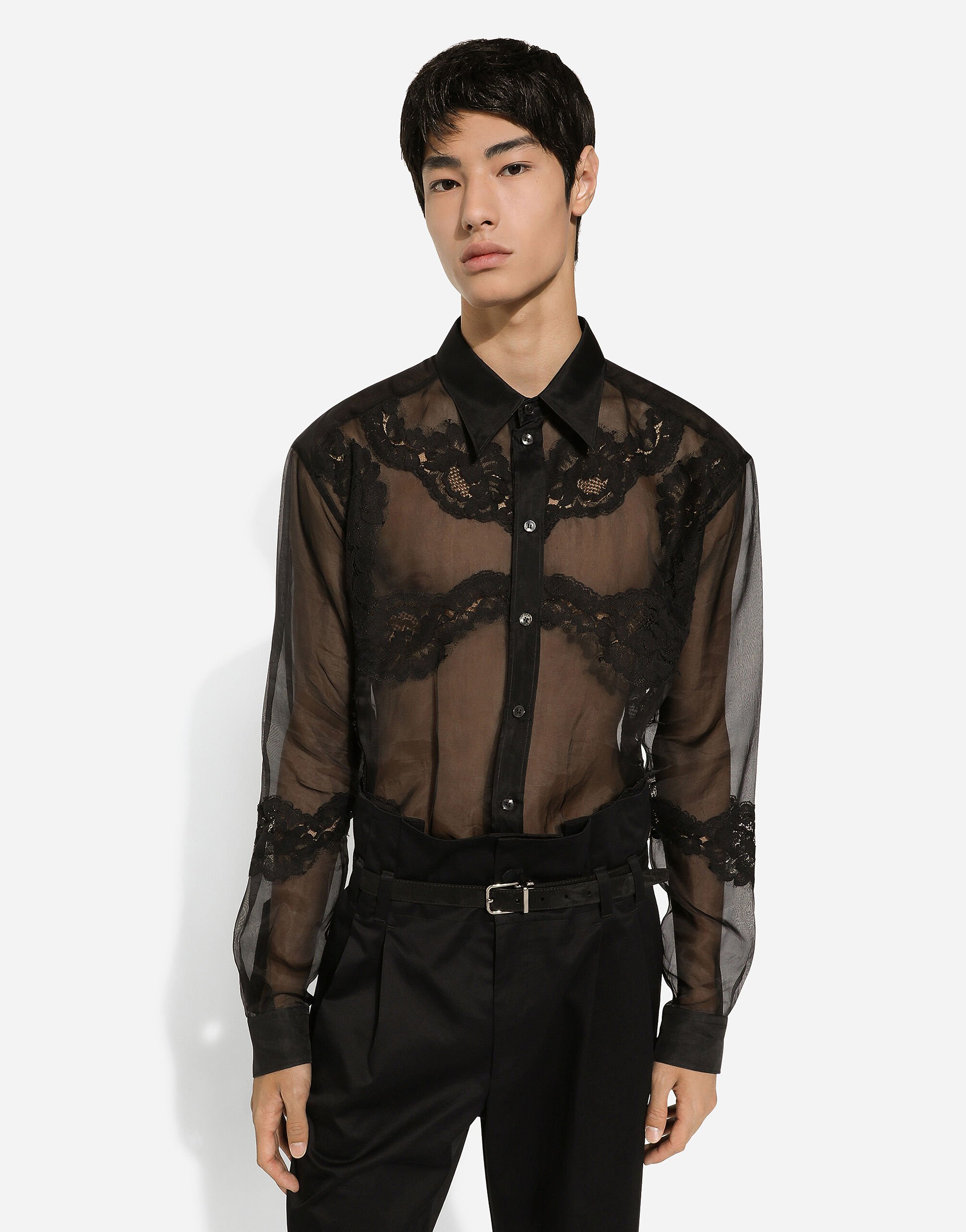 Oversize organza shirt with lace inserts in Black for Men