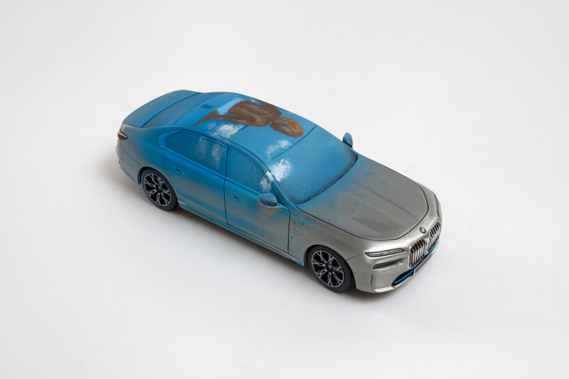 miniature BMW i7 drifts in frieze seoul as art cars inspired by