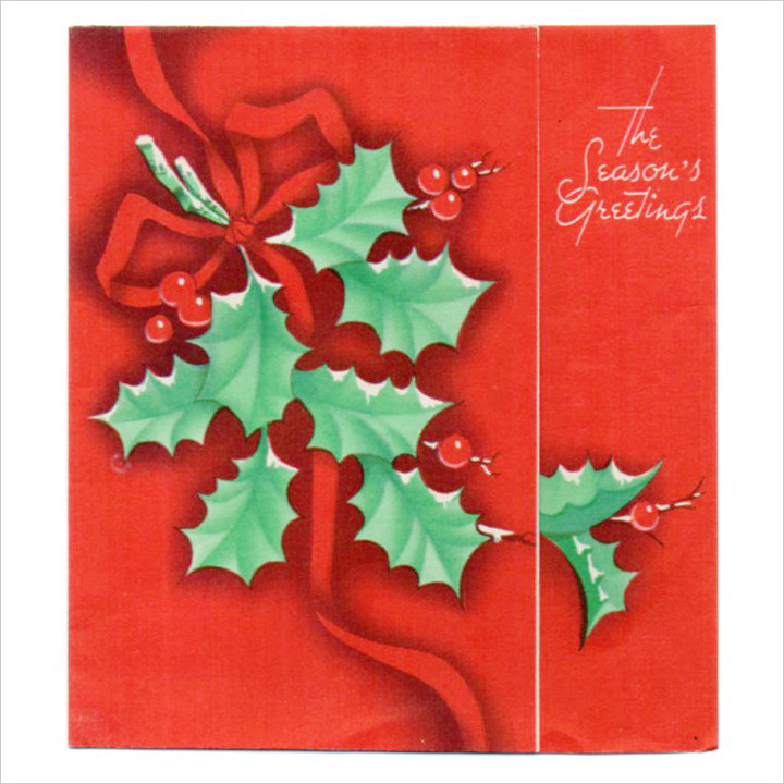 USAヴィンテージ1940年代柊とリボン真っ赤なクリスマスカード