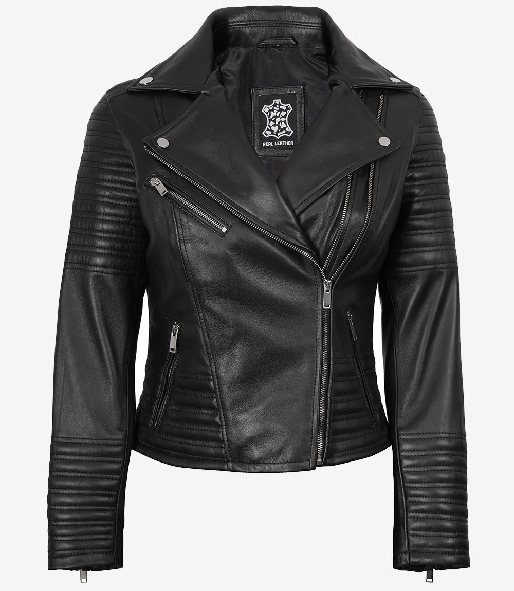 Black Asymmetrical Biker Leather Jacket Women