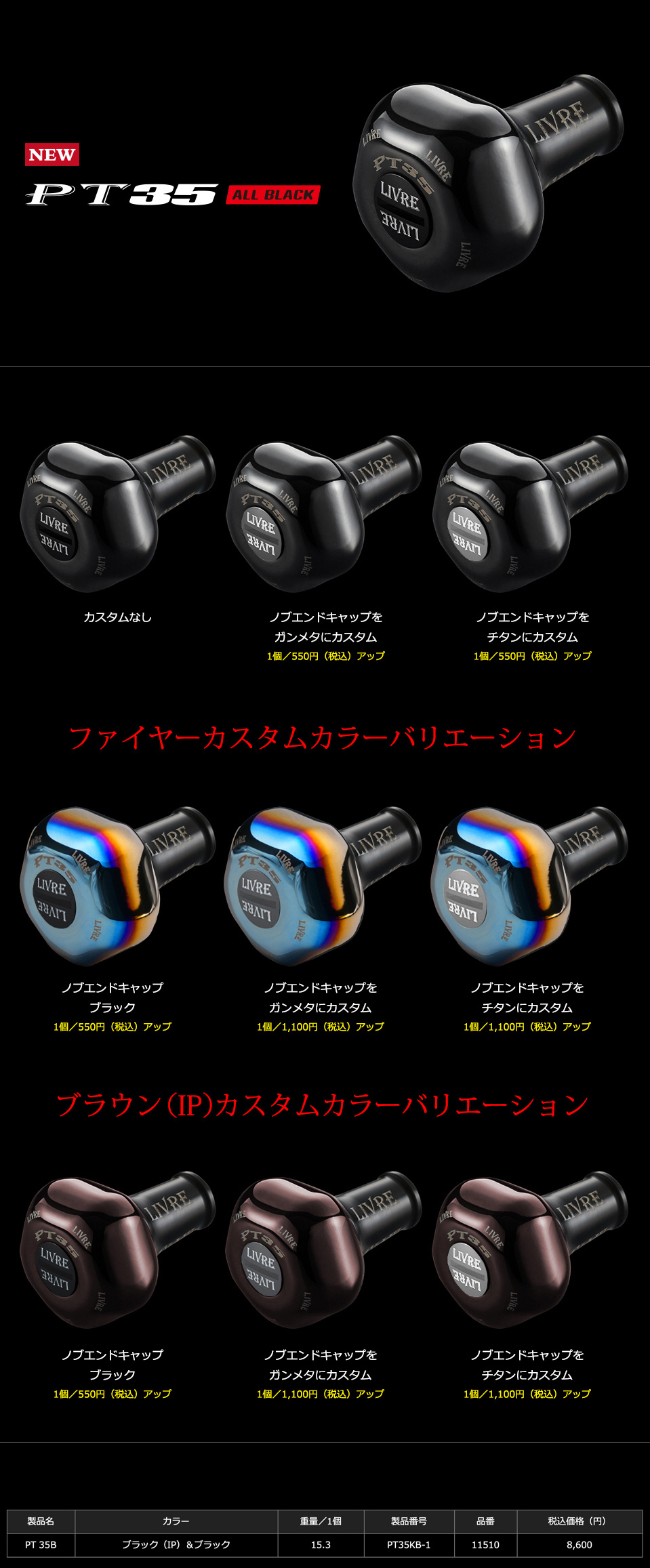 リブレ/LIVRE】PT35 ハンドルノブ ALL BLACK（オールブラック）