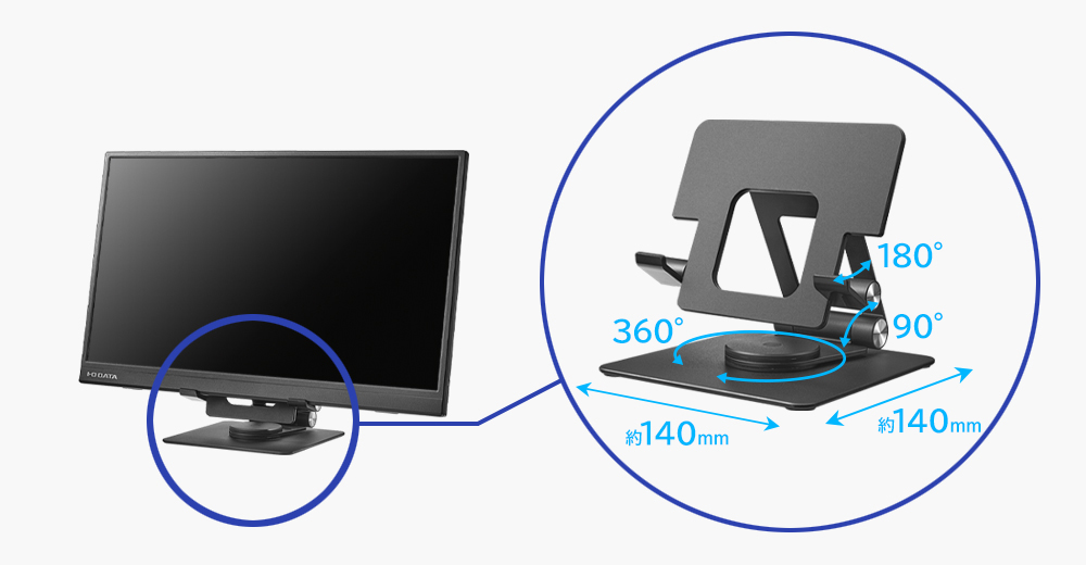 高さ・角度調整・回転（水平）対応のスタンドセットで、さらに使い
