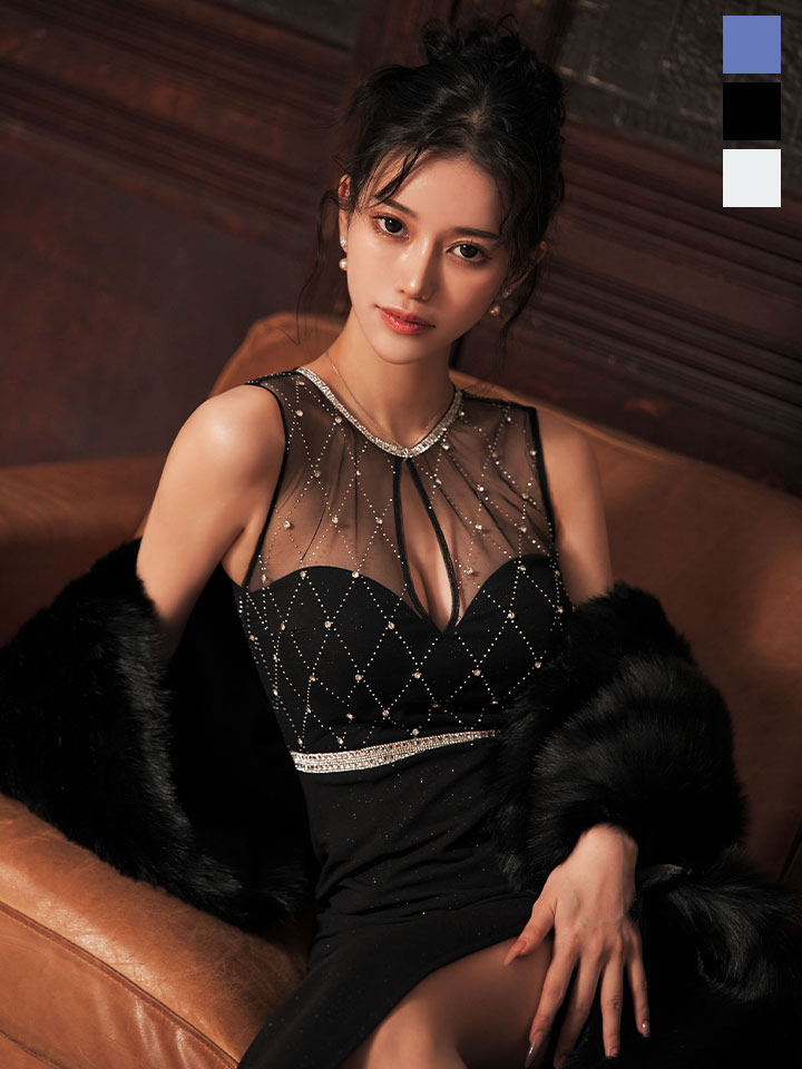 送料無料!【即日発送】ビジューチュールアメスリスリットロングドレス