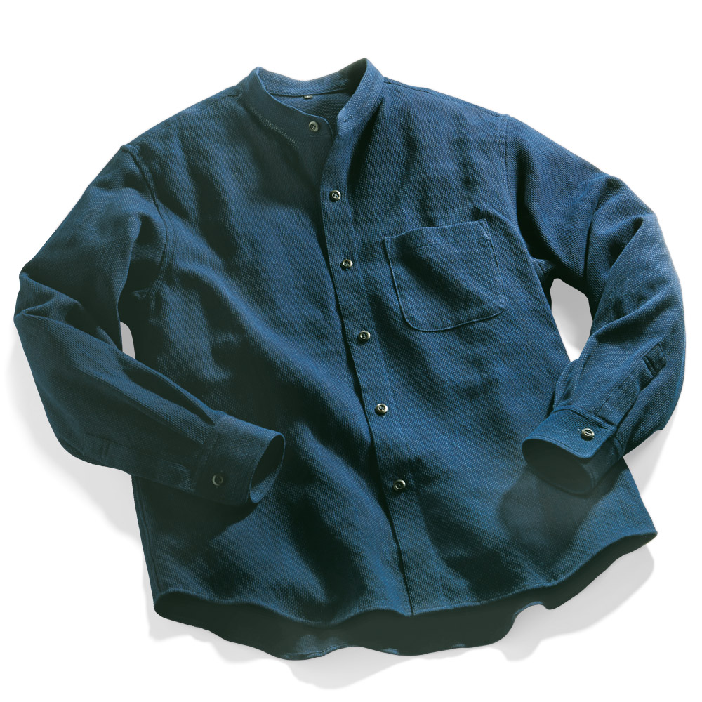 野川染織工業 藍染まめ刺し子織りのスタンドカラーシャツ | ライト