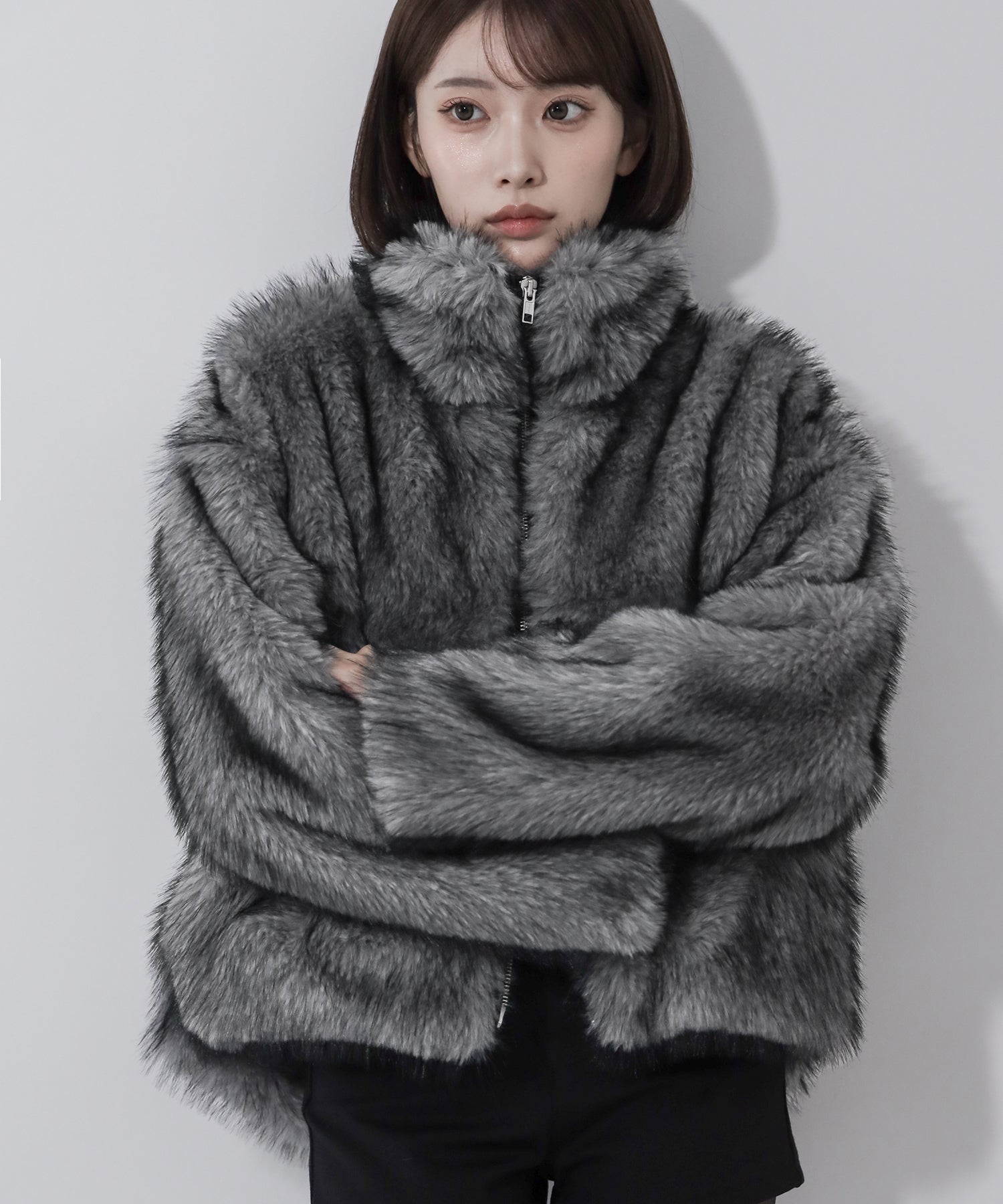 ダブルジップスタンドカラーミックスファージャケット ／ double zip