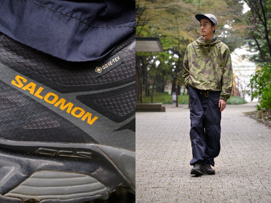 ゴアテックスな「サロモン」の黒スニーカーで急な雨でも安心！迷彩柄を