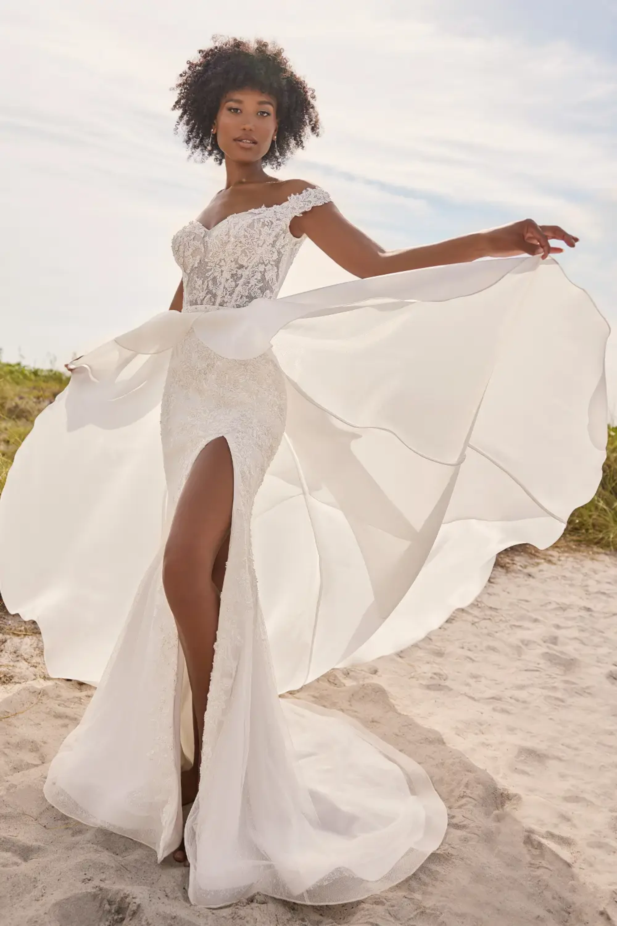 Lane: Off the Shoulder Lace Fit and Flare with Semi-Sheer Bodice