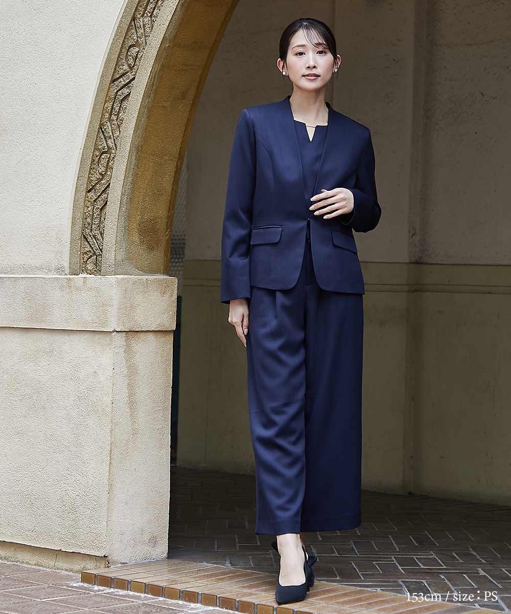 大きいサイズ】【44】INDIVI ノーカラー パンツスーツセットアップ