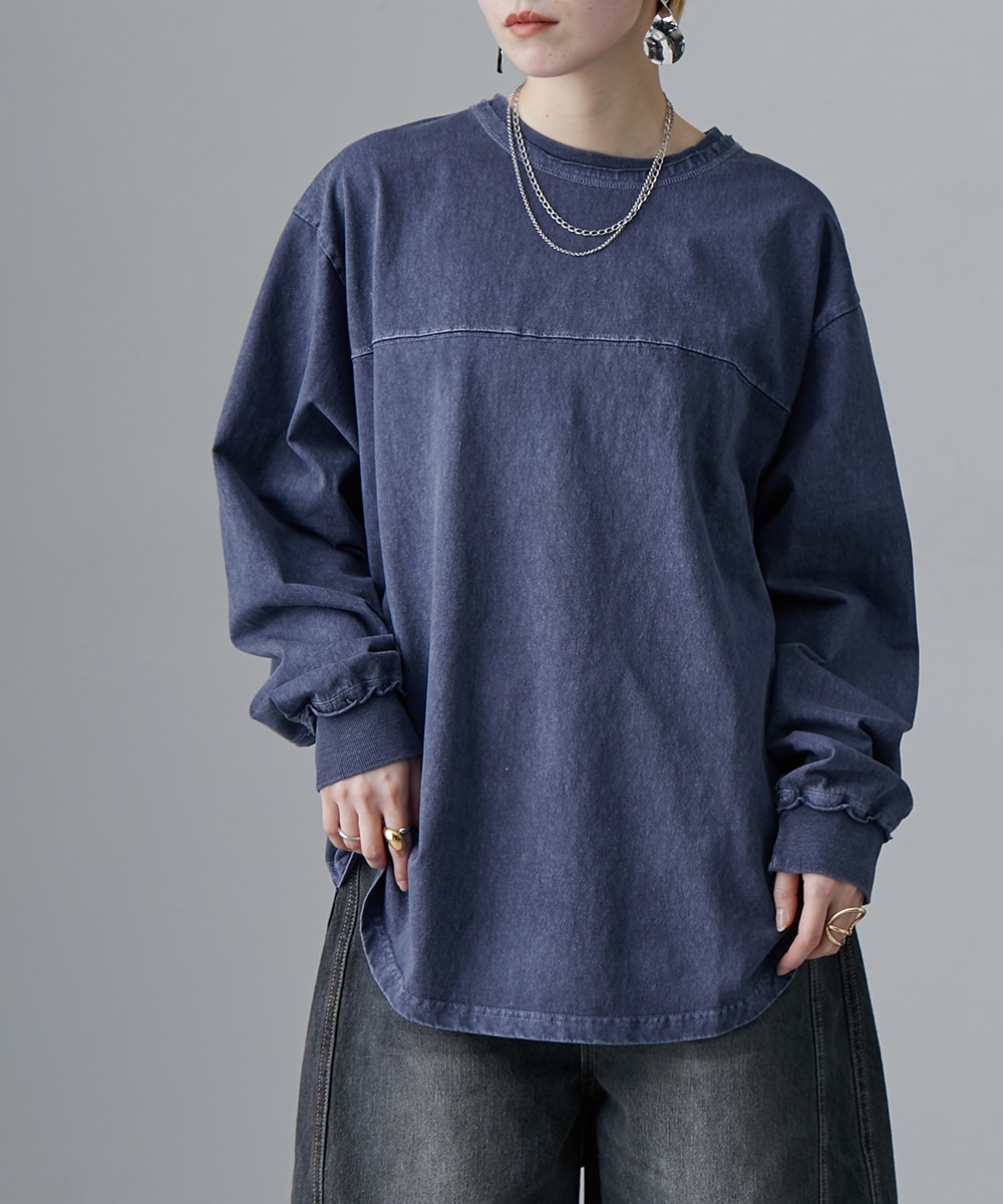 ピグメント加工 胸切り替えライン入BIGシルエット長袖Tシャツ