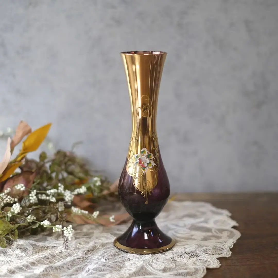 ヴィンテージフラワーベース エナメル彩と金彩の花文 花瓶 パープル