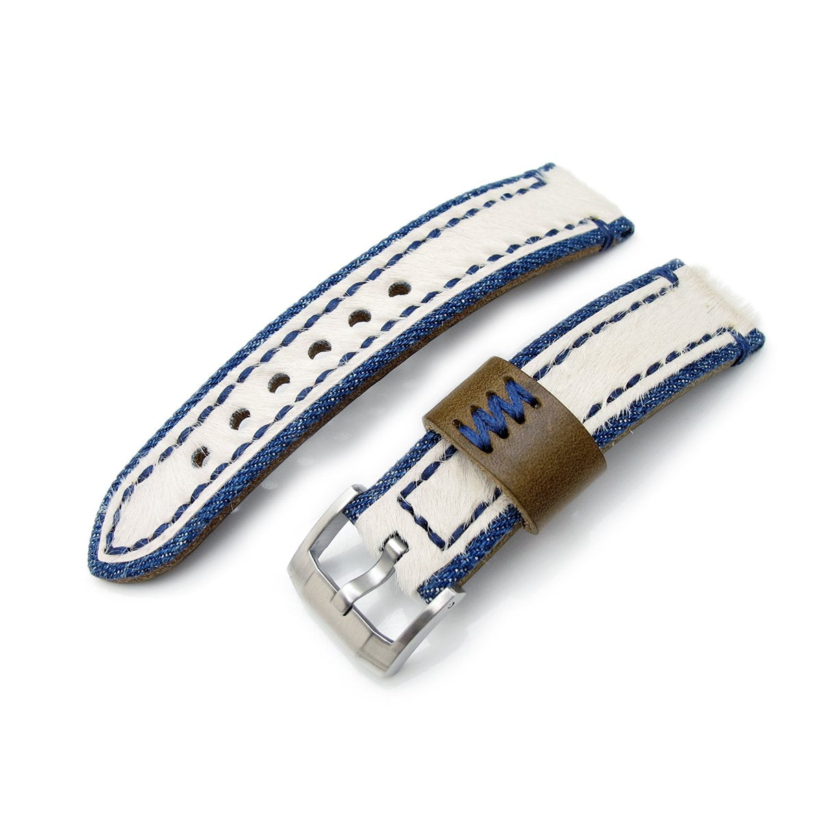22mm MiLTAT Zizz Collection Beige Fur & Denim Watch Strap Blue Wax