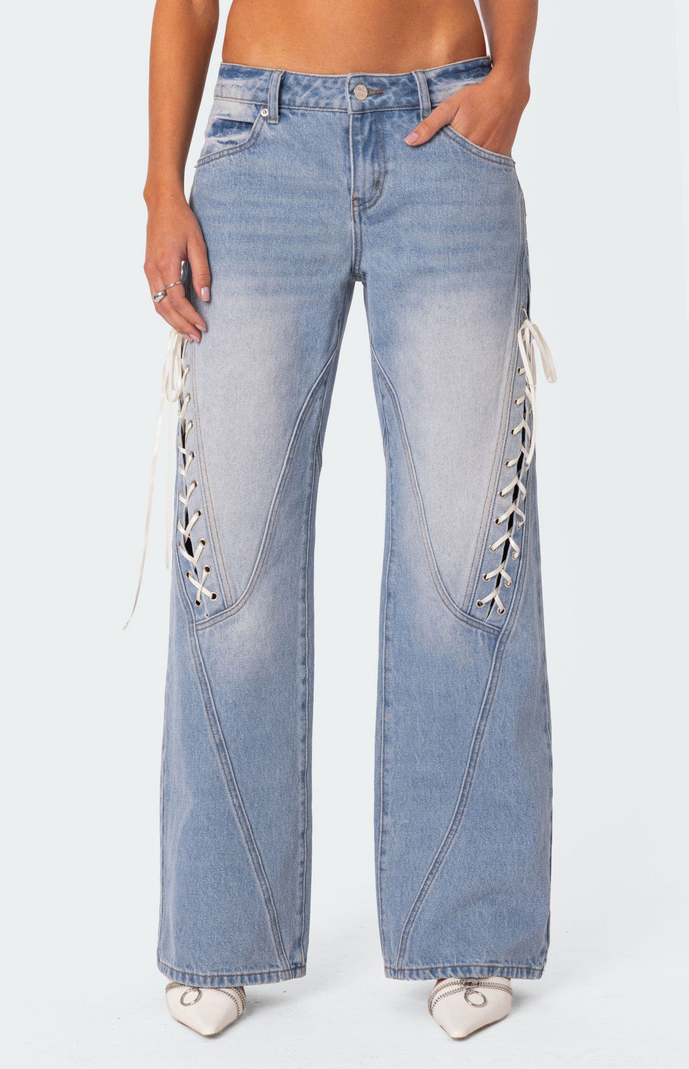 Edikted Low Rise Bow Ribbon Lace Up Jeans | Pacsun