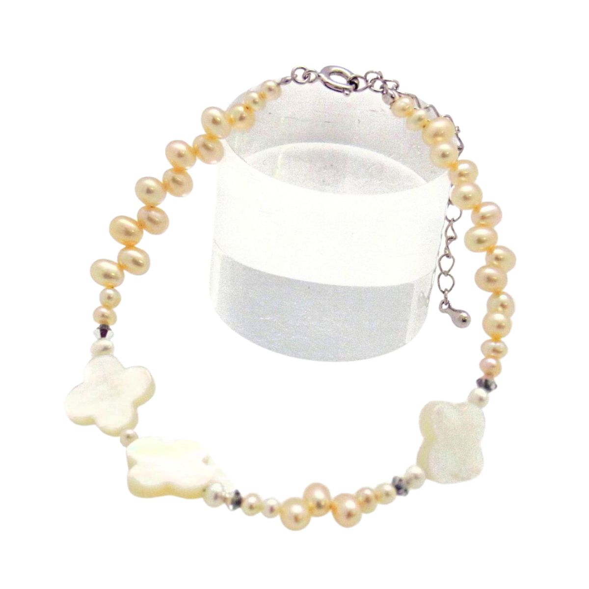 ブレスレット クローバー 真珠 オレンジ アジャスター