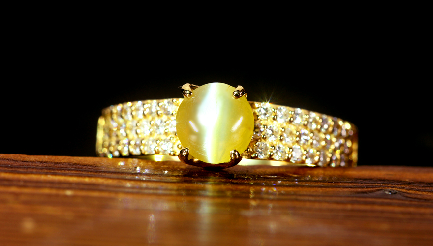 クリソベリルキャッツアイ 約1ct ダイヤモンド 0.3ctゴールド リング