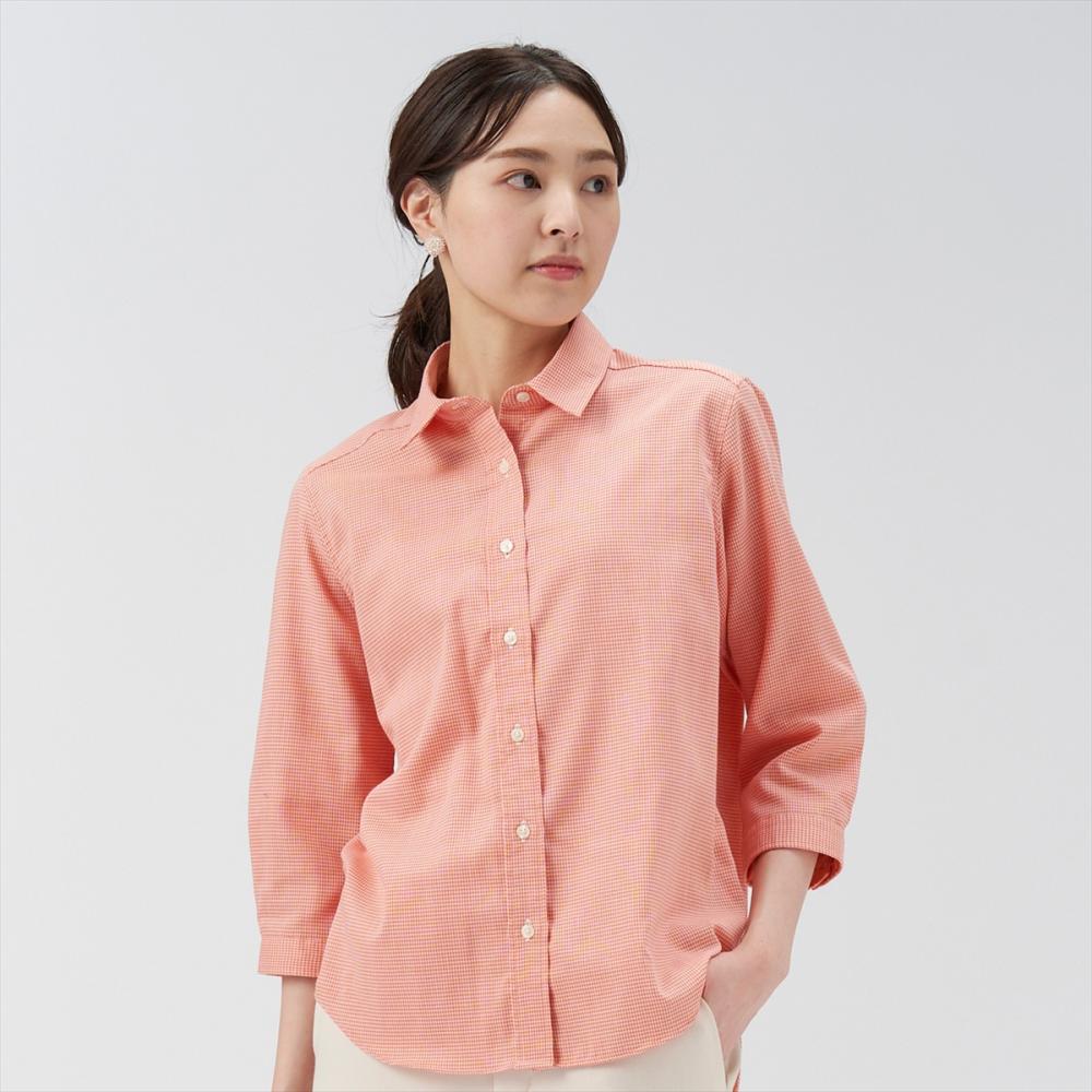 Pitta Re:)】 カジュアルシャツ Wガーゼ レギュラー 七分袖 サーモン