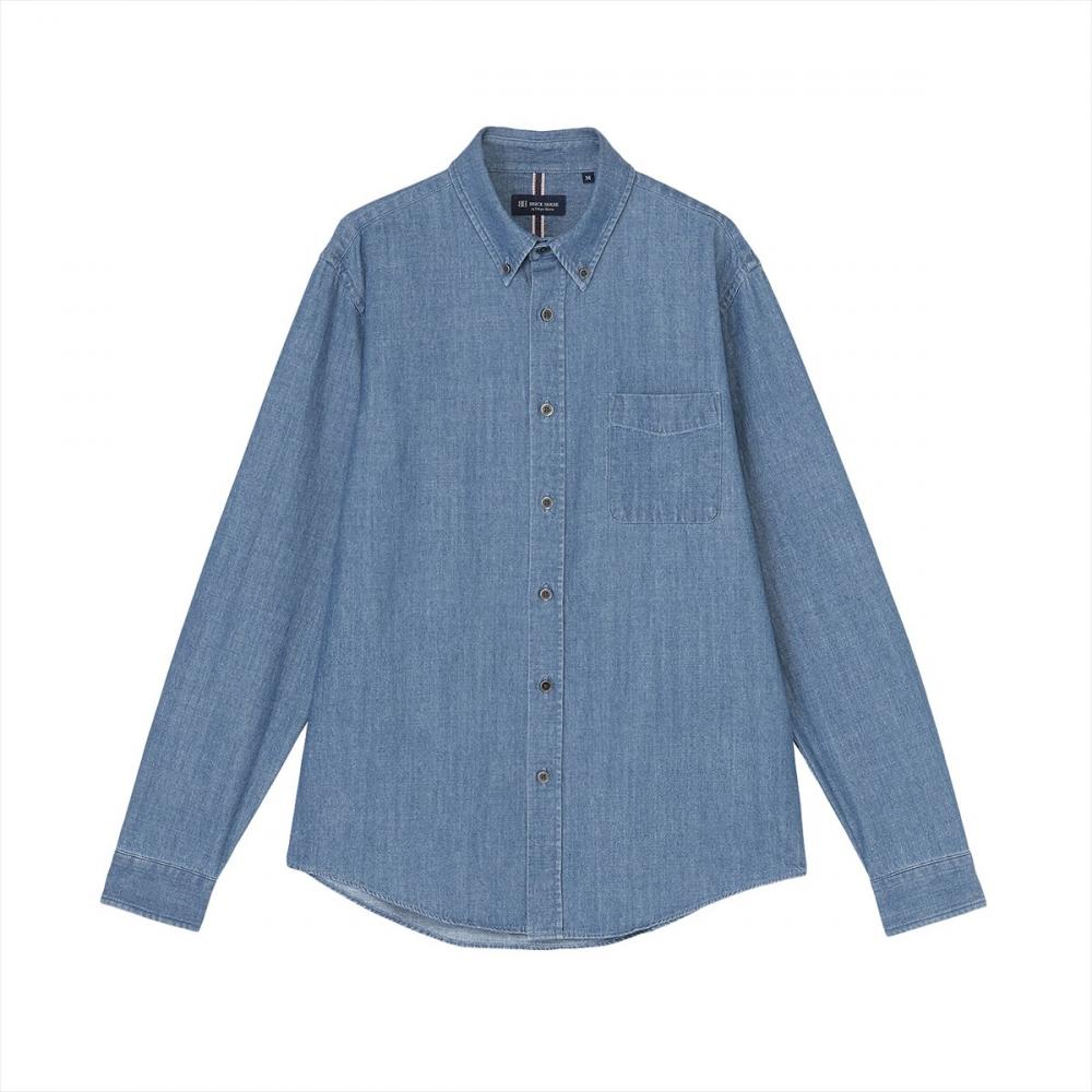 カジュアルシャツ デニムシャツ ボタンダウン 長袖 メンズ(S ブルー