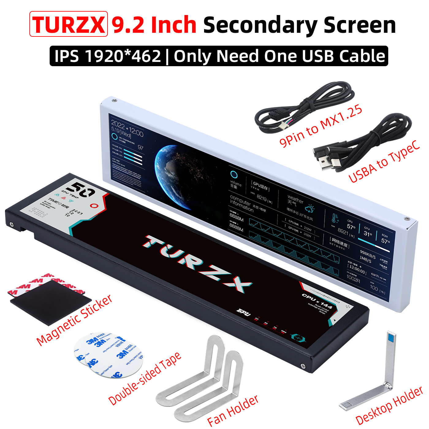 TURZX 9.2 Inch USB Secondary Screen for Computer Chassis 1920*462